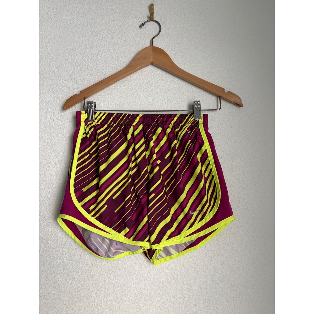 Nike Dri-FIT Tempo Running Shorts Womens Small Burgundy Neon Yellow Geometric